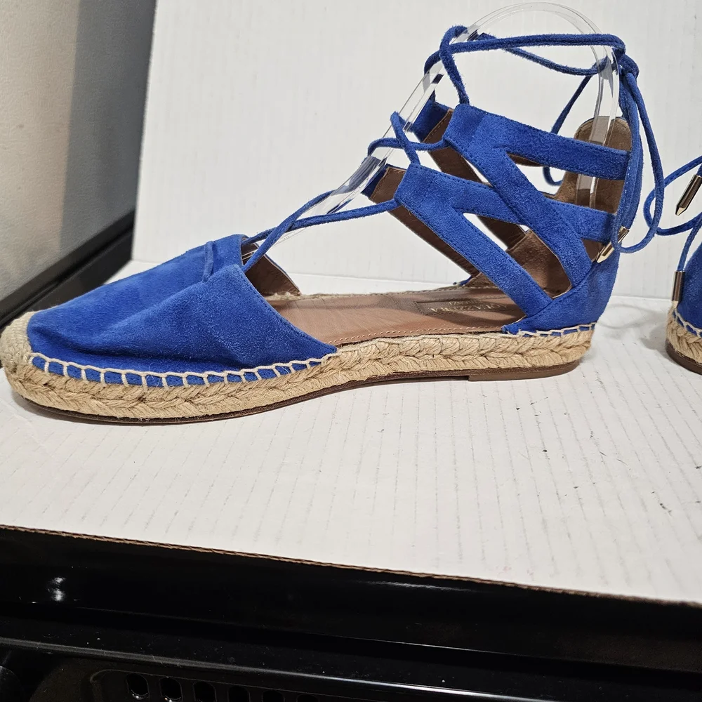 Aquazzura Belgravia Suede Espadrille Flats Mondrian Royal Blue Ankle Wrap sz 6.5